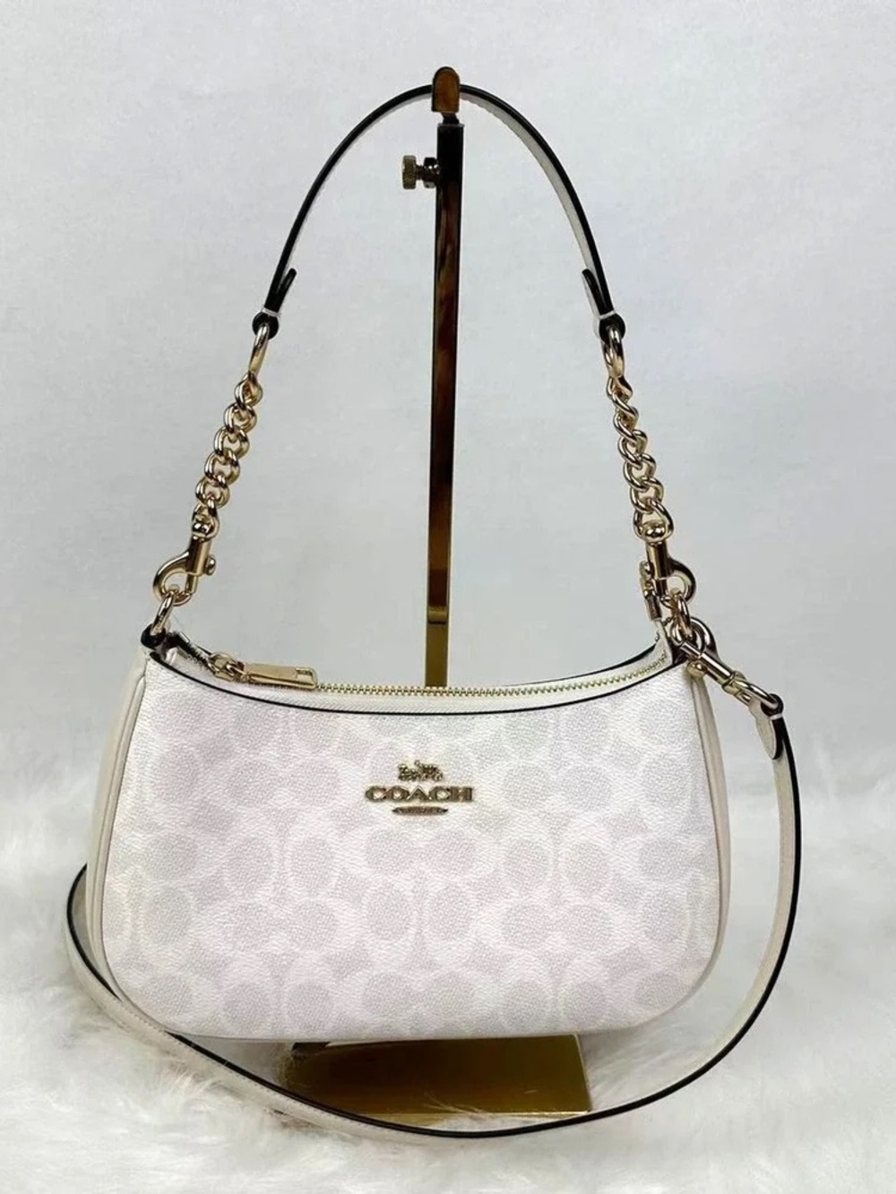 COACH White Signature Canvas Chain-Trim Shoulder Bag